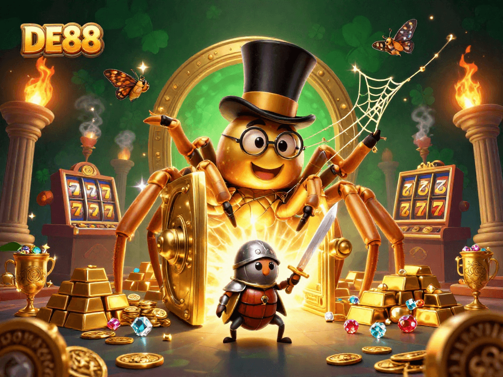 Engage with DE88's vibrant scene of a giant golden tarantula weaving a web among casino riches.