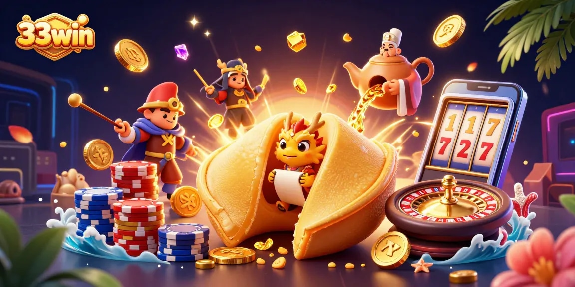 Engage with exhilarating 33win casino action featuring golden fortune cookie, dragon, and dynamic game elements.