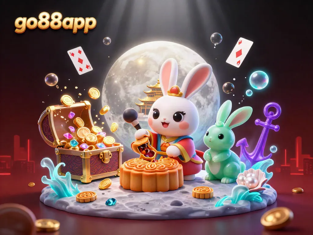 Engage with the go88app world, featuring a moon rabbit crafting golden mooncakes revealing poker chips in a vibrant 3D casino scene.