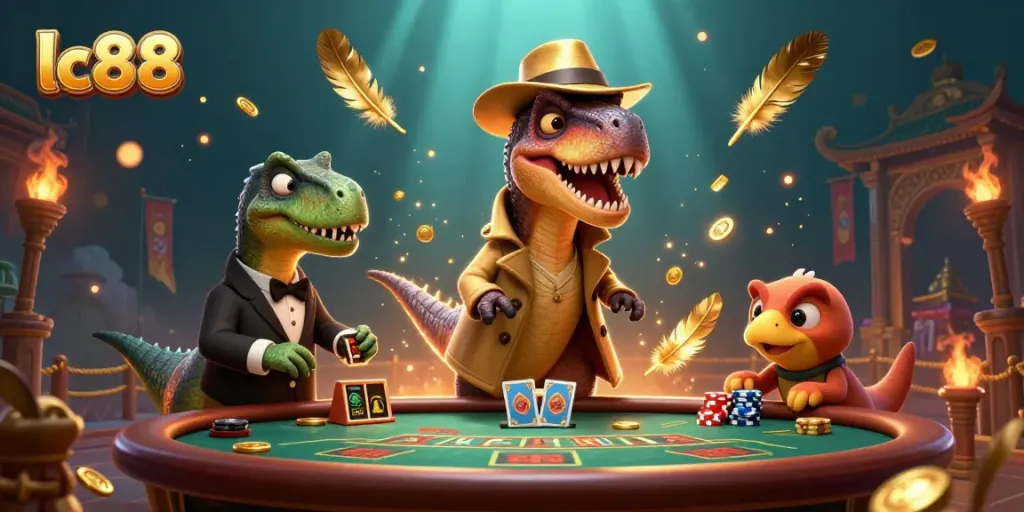 Experience dynamic gameplay at lc88 with a velociraptor card counter at a blackjack table amidst a vibrant casino scene.