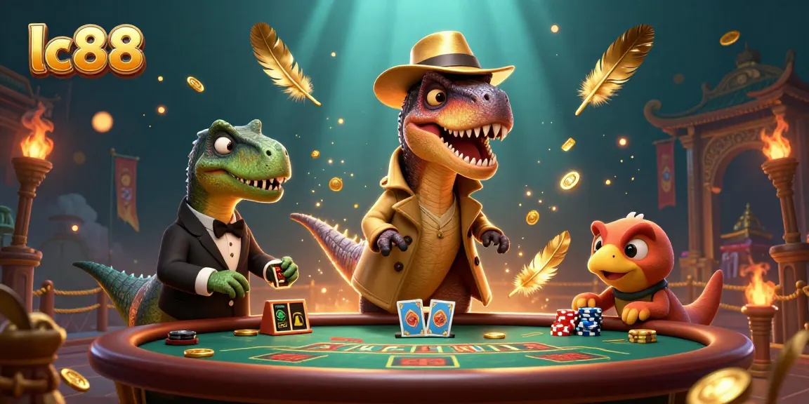 Experience dynamic gameplay at lc88 with a velociraptor card counter at a blackjack table amidst a vibrant casino scene.