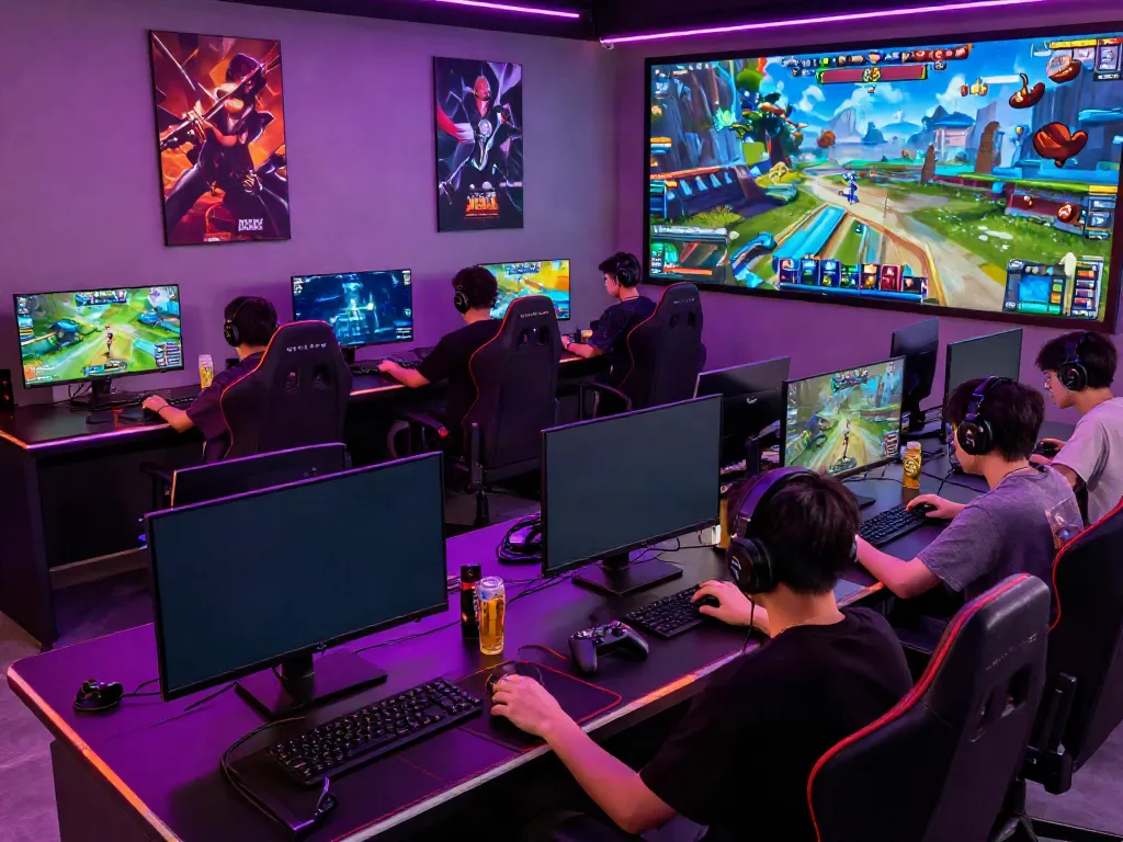 Exciting gaming lounge filled with players enjoying rokok88 resmi online games, vibrant atmosphere.