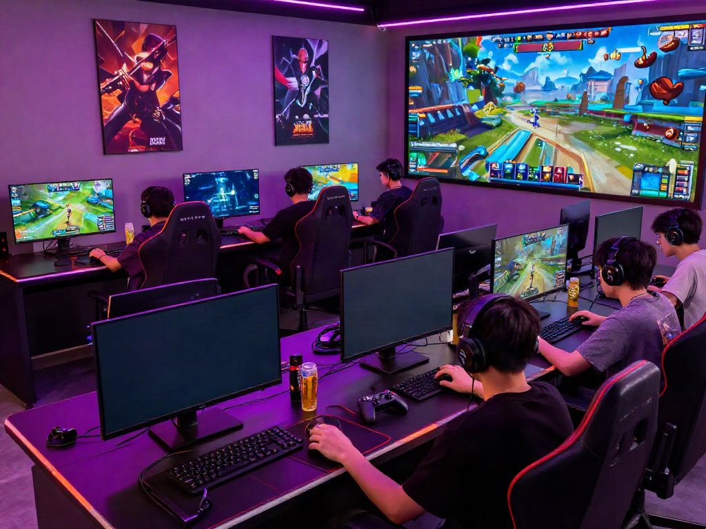 Exciting gaming lounge filled with players enjoying rokok88 resmi online games, vibrant atmosphere.