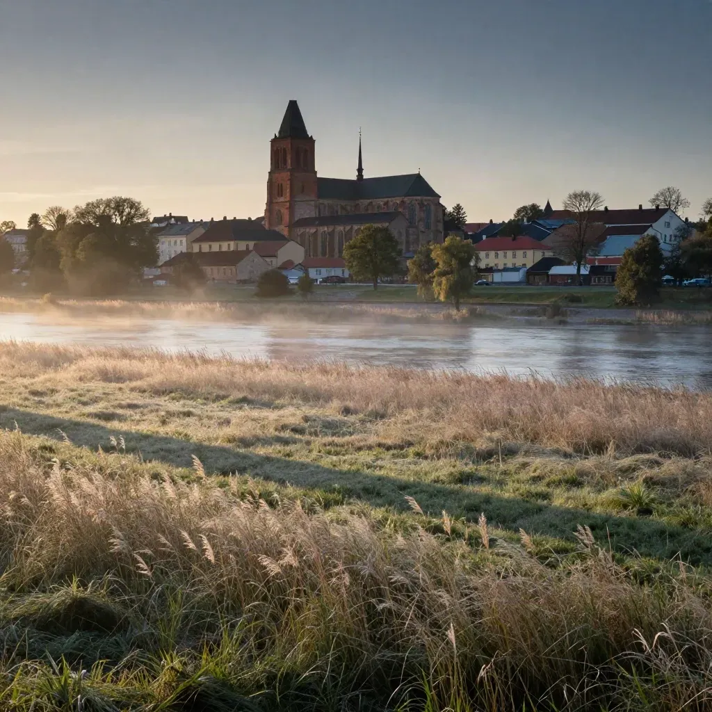 Uppsala domkyrka i morgondimma över Fyris slätt vid soluppgång