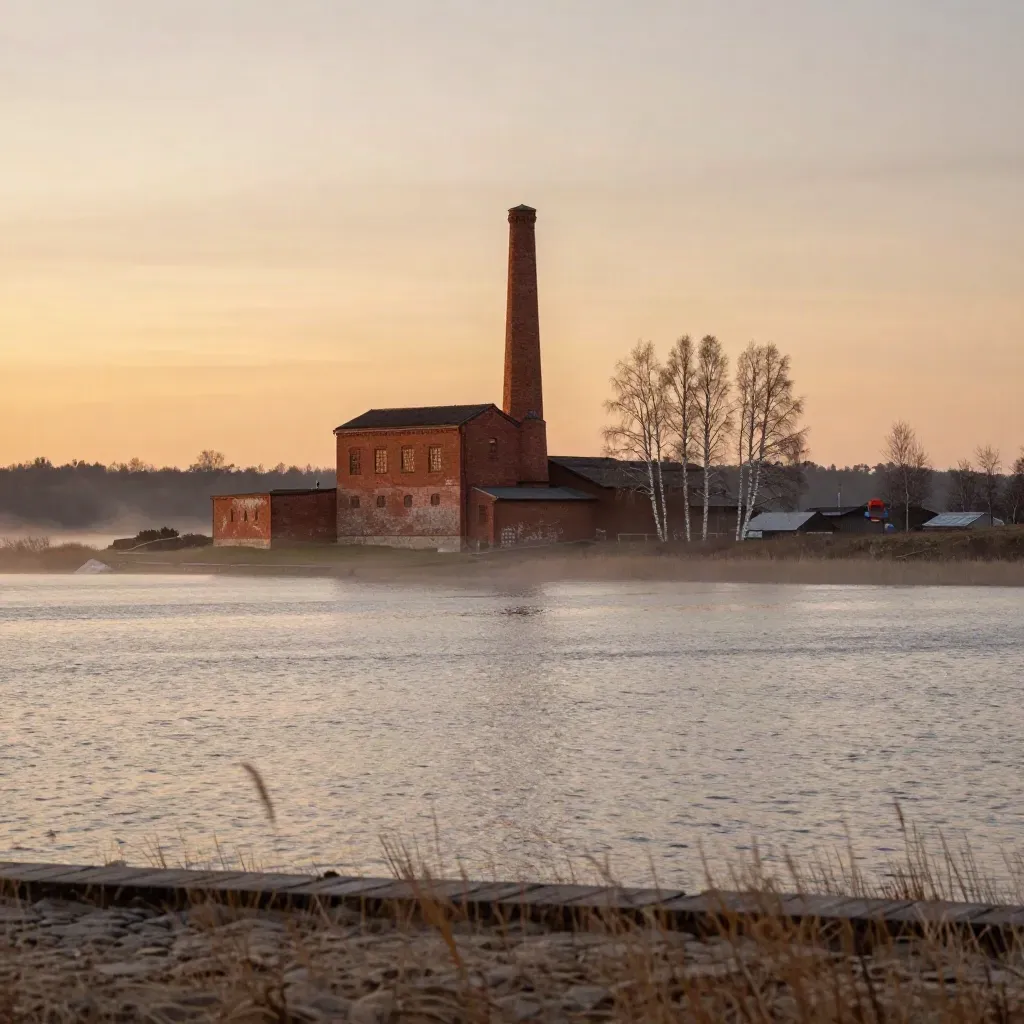 Västerås kust vid Mälaren i varm kvällsdimma med björkar och industrisilhuett