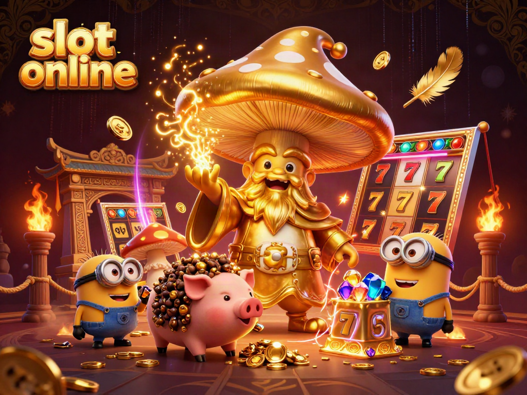 Spin the reels with the vibrant golden mushroom wizard and treasure pig in an enchanted online casino scene.