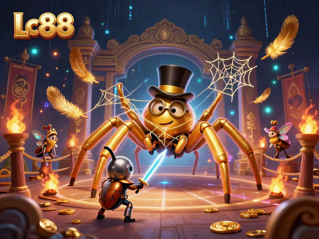 Experience the thrilling Lc88 gaming scene with a golden tarantula and a beetle knight in action.